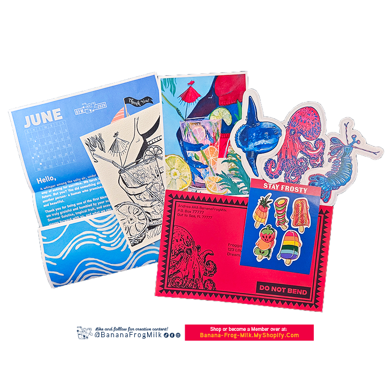 A letter dated for June, a black and white coloring page, a tropical themed print, colorful die-cut sea life stickers, a popsicle themed sticker sheet, and a red envelope