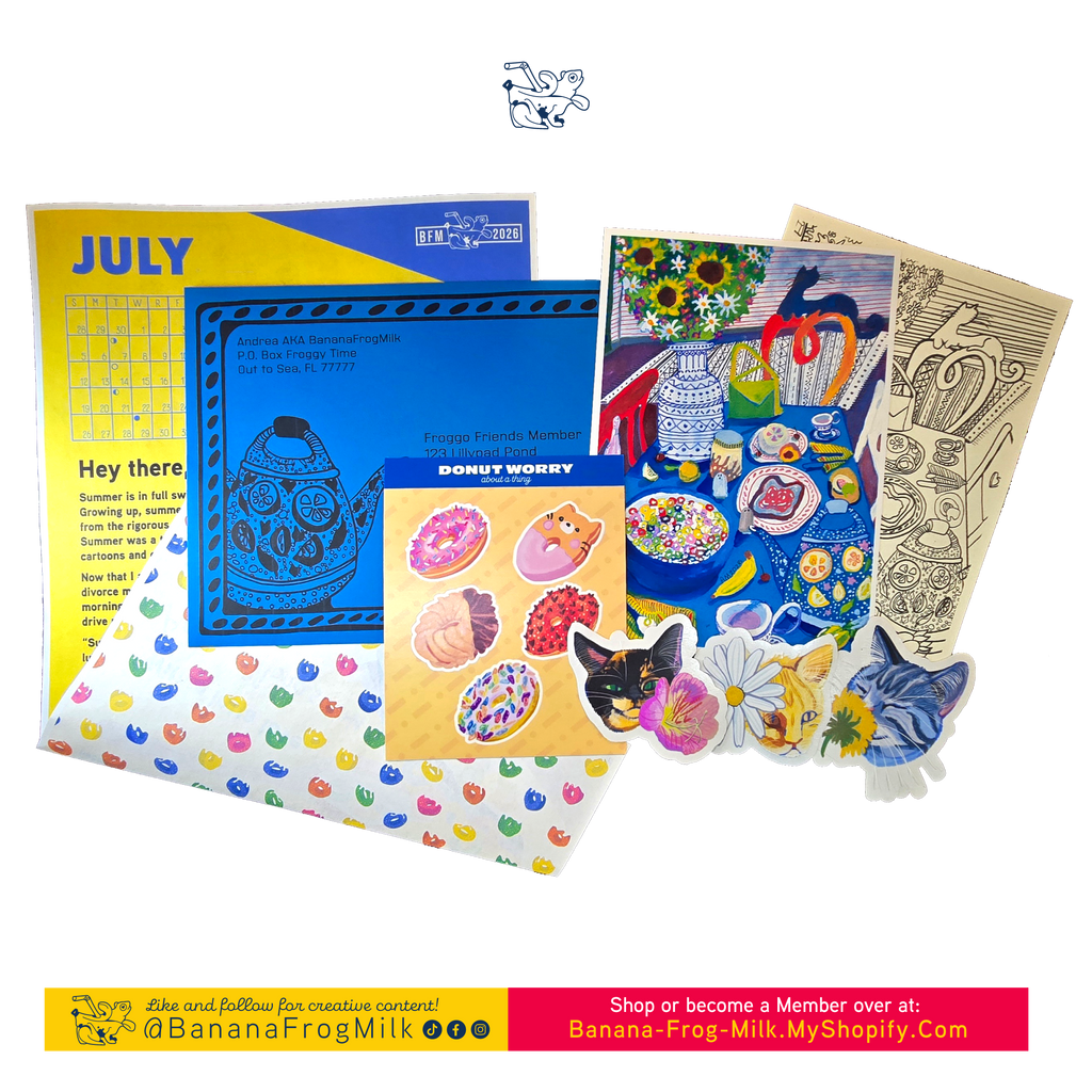 An obscured letter dated for July, a blue envelope, a "Donut Worry About a Thing"  matte sticker sheet, a colorful print of a dinner table set for summer brunch, a coloring sheet modeled after the print, 3 die cut stickers of cats: 1 tortoiseshell cat with an evening primrose, an orange tabby with a white daisy, and a gray tabby sniffing a dandelion.   