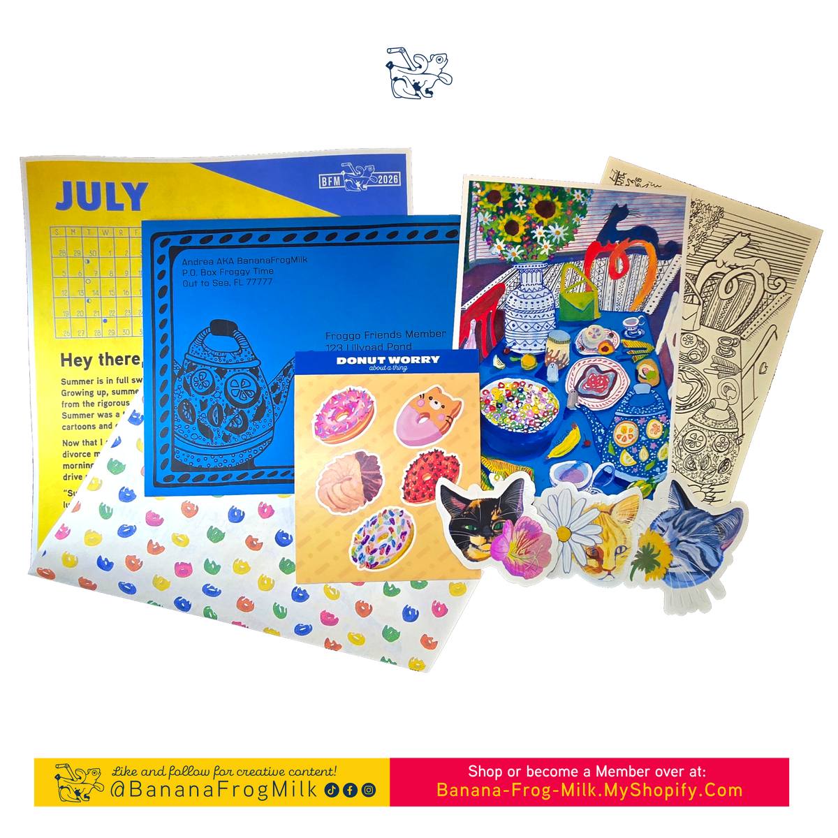 An obscured letter dated for July, a blue envelope, a "Donut Worry About a Thing"  matte sticker sheet, a colorful print of a dinner table set for summer brunch, a coloring sheet modeled after the print, 3 die cut stickers of cats: 1 tortoiseshell cat with an evening primrose, an orange tabby with a white daisy, and a gray tabby sniffing a dandelion.   