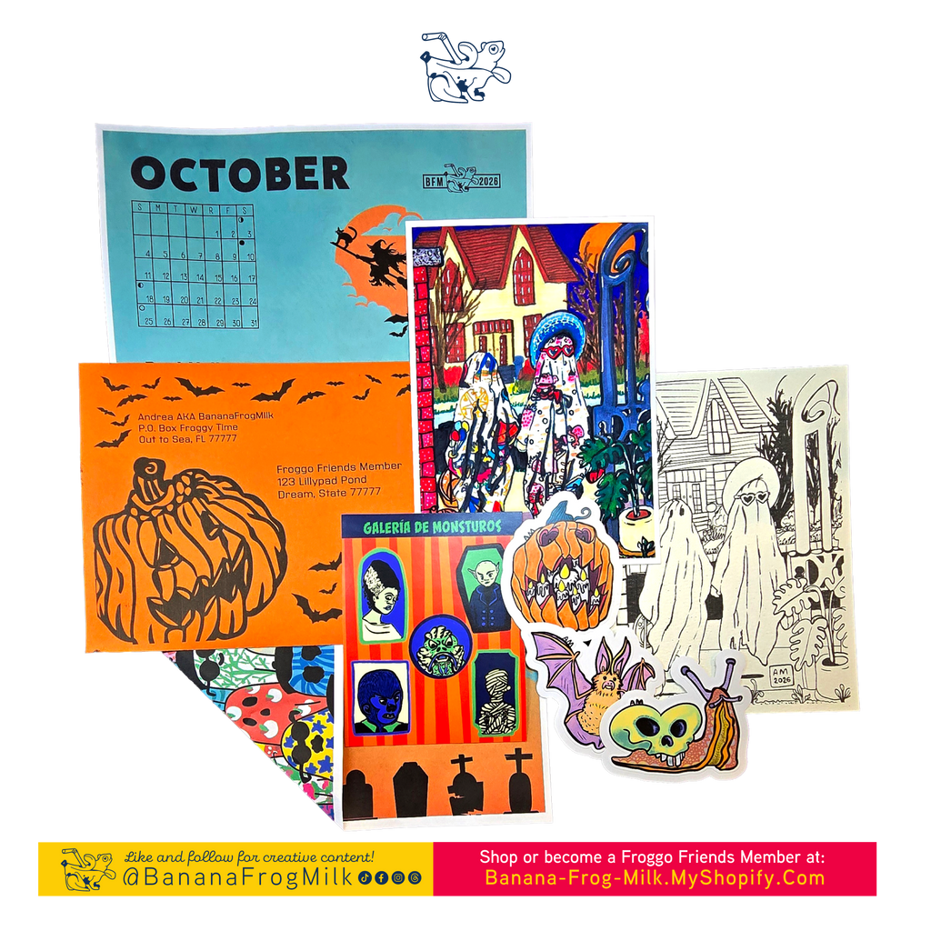 A collage of multiple Halloween-themed artwork and stickers displayed on a transparent background, including an October calendar, a jack-o'-lantern themed envelope, a haunted house scene with ghost children, a 'Galería de Monsturos' stickersheet, and 3 vinyl stickers. Banana Frog Milk branding is visible in the top center and along the bottom promotional banner.