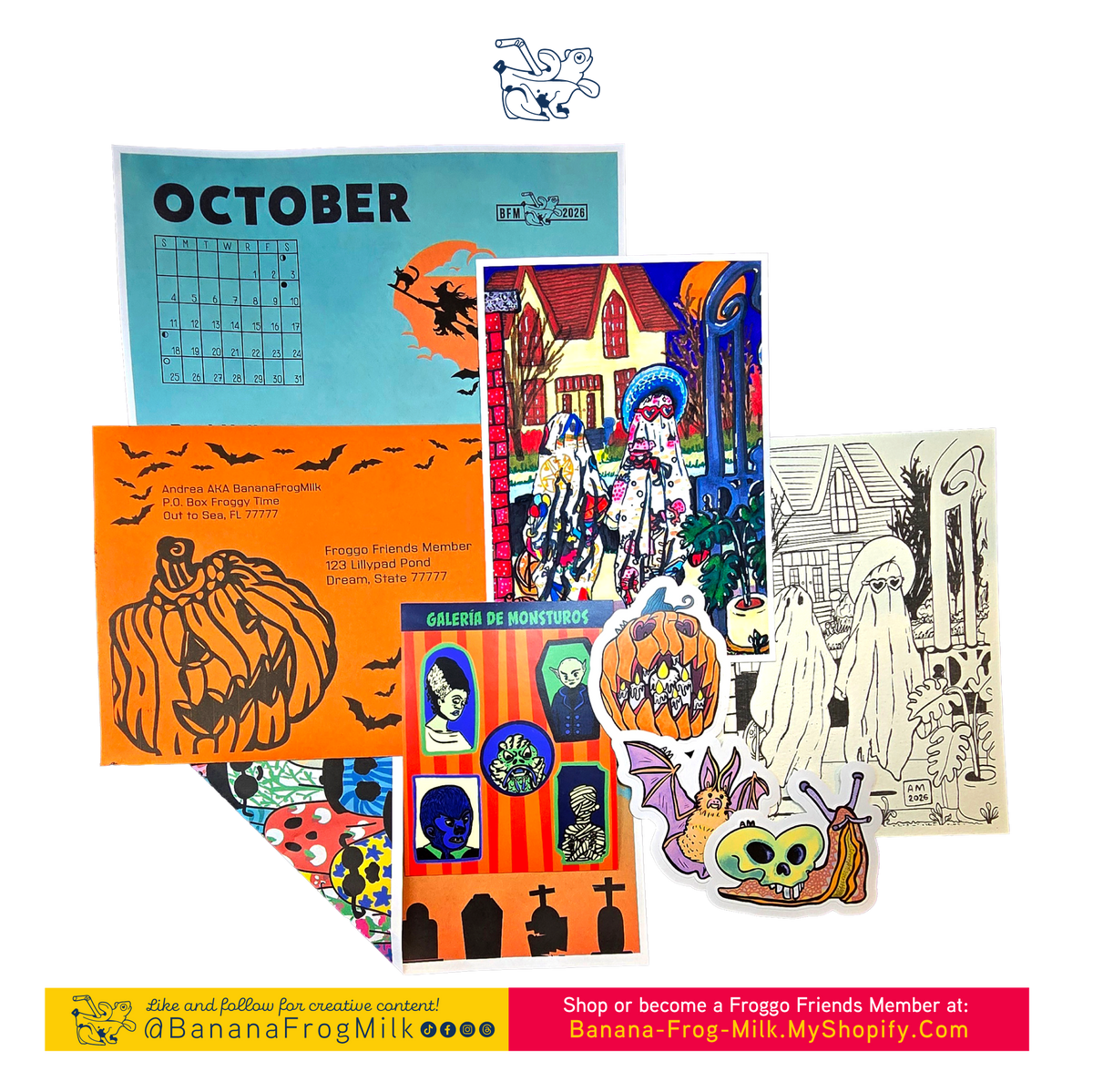 A collage of multiple Halloween-themed artwork and stickers displayed on a transparent background, including an October calendar, a jack-o'-lantern themed envelope, a haunted house scene with ghost children, a 'Galería de Monsturos' stickersheet, and 3 vinyl stickers. Banana Frog Milk branding is visible in the top center and along the bottom promotional banner.