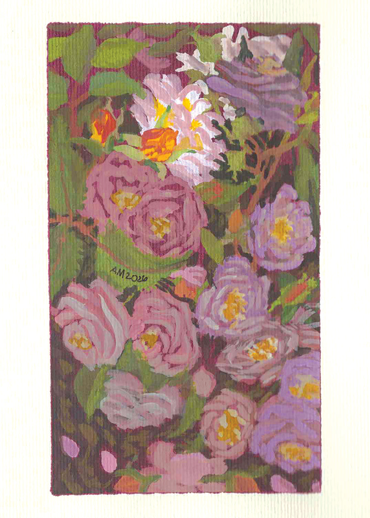 A rectangular 5x7 print featuring a floral design with pink, purple, and white roses, green leaves, and yellow centers on a dark background.