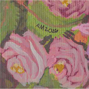 A close-up of a painted floral artwork showing pink roses with green leaves and yellow flower centers, with a handwritten signature reading 'AM2020' visible across the center.