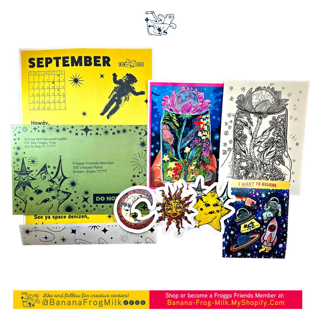 A spread of a yellow obscured letter, a sage green envelope from Banana Frog Milk addressed to a Froggo Friends Member, a Space Jar print, a Space Jar coloring page, 3 die-cut stickers of a MoonChild, Sun-Kissed, and Mama Star and the Cluster, and the I WANT to Believe sticker sheet.